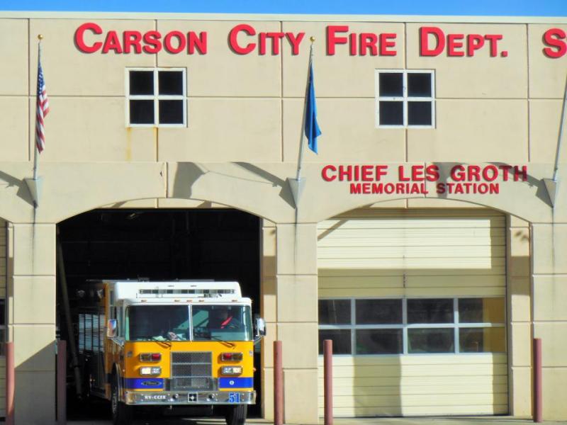 An engine exits a bay at the Carson City Fire Department Station 51 on Stewart Street.
