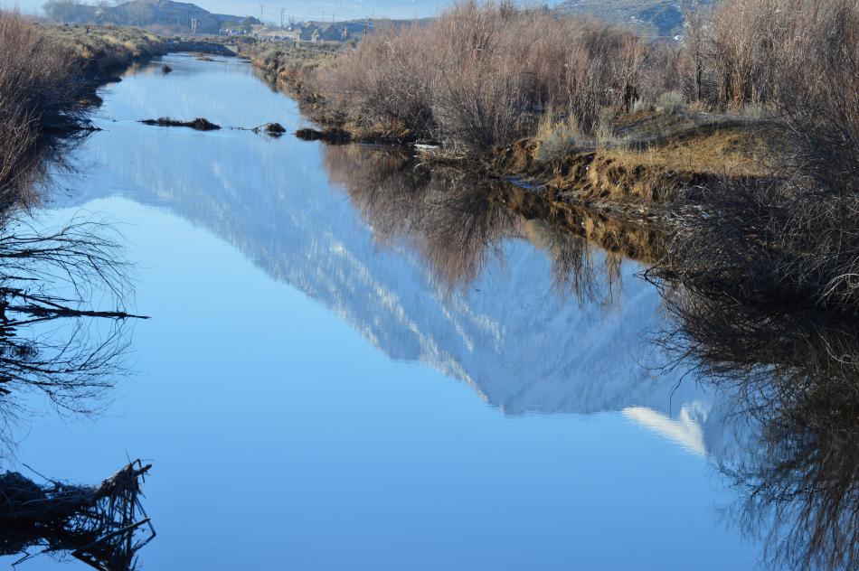 Job's Peak is reflected in the still water of the west fork of the Carson River in Genoa.