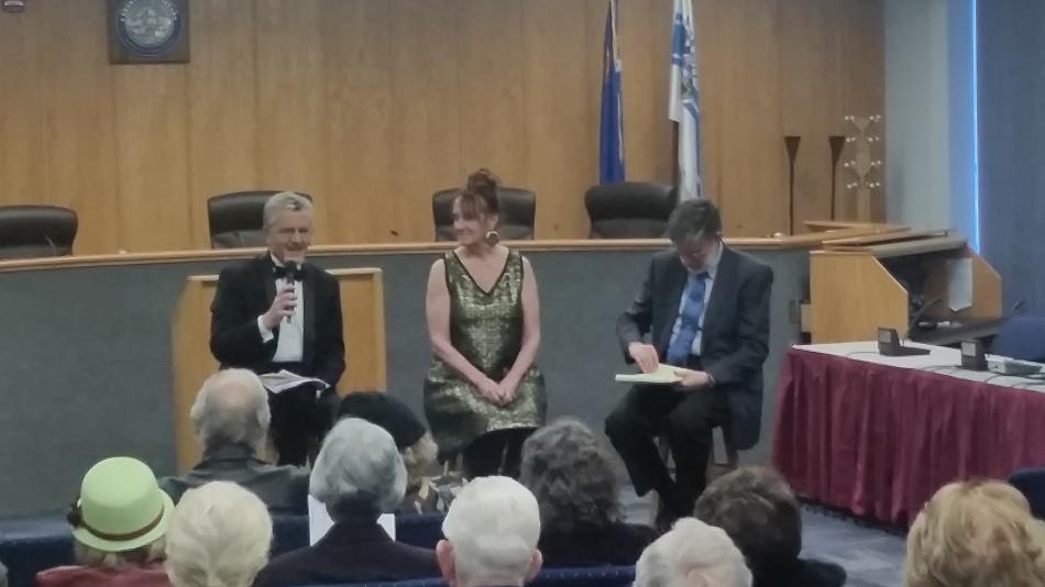 Conductor David Bugli, vocalist Madeline Eastman, and guest conductor Timothy Reynolds hold a concert preview with attendees