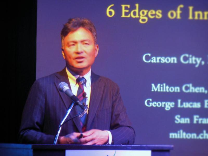 Dr. Milton Chen speaks at an event hosted by Adams Hub Wednesday night at the Brewery Arts Center Performance Hall.
