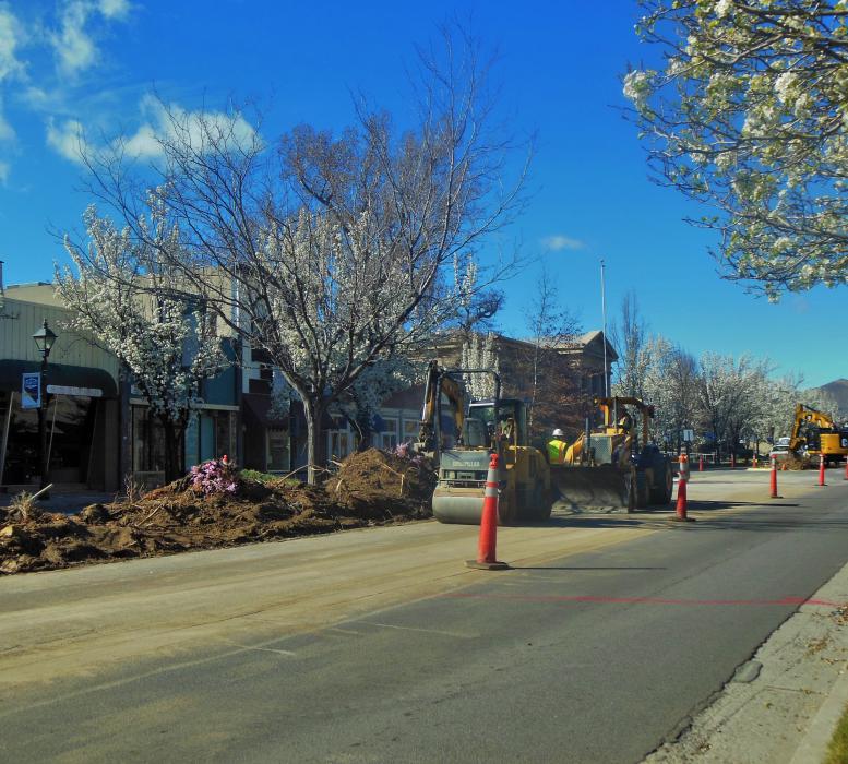 Construction along the center median of downtown Carson Street, facing north.