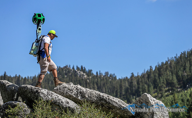 James Salanoa hikes with a Google Trekker at Marlette Lake, near Carson City. Cathleen Allison, Nevada Photo Source