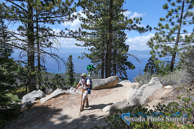 James Salanoa hikes with a Google Trekker on the Flume Trail near Carson City. Cathleen Allison, Nevada Photo Source