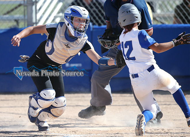 WNC catcher Bailey Henderson puts the tag on CSN's Maggie Manwarren Friday in Carson City. Cathleen Allison, Nevada Photo Source