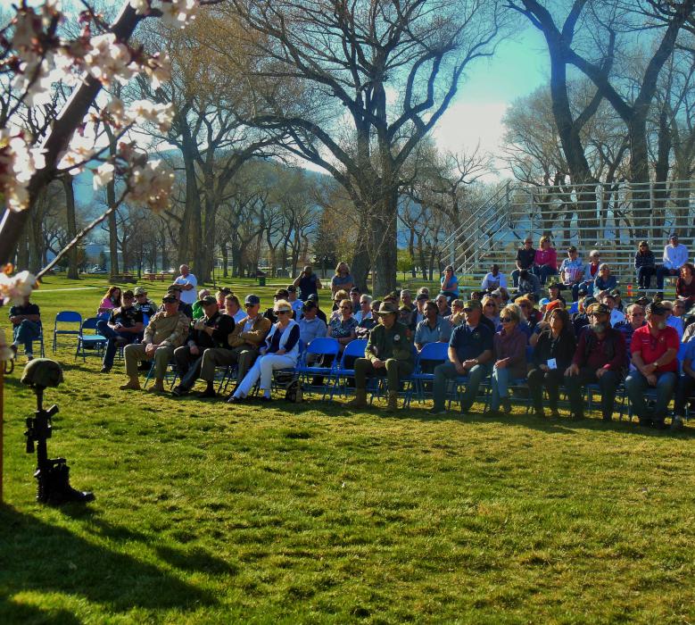 Audience listens to Mayor Crowell's Vietnam remembrance address at Mills Park on Saturday.