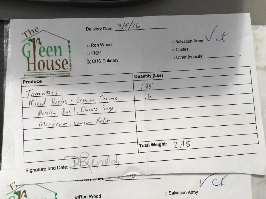 A receipt signed by Peggy Reynolds for delivery of produce to the CHS culinary program.