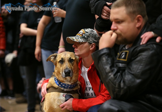 Sarah Goulart (center) with her service dog Chaos. Photo by Cathleen Allison/Nevada Photo Source
