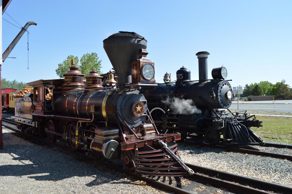 Photo by Lisa Fisher. ]The Glennbrook (left) and V&T Engine No. 25 at Wabuska Station.