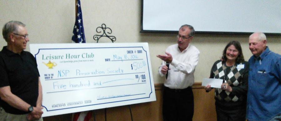 With President Dan Neverett presenting the Leisure Hour Club’s donation to NSPPS President Glen Whorton and NSPPS Secretary/Trea