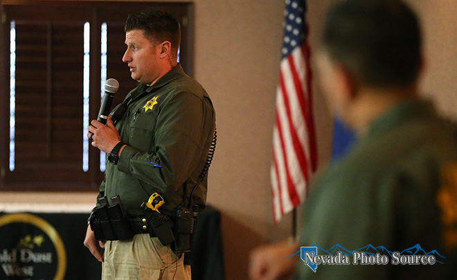 Carson City Sheriff's Sgt. Daniel Gonzalez, right, and Deputy Josh Cheney speak at a symposium on prescription drug crime.