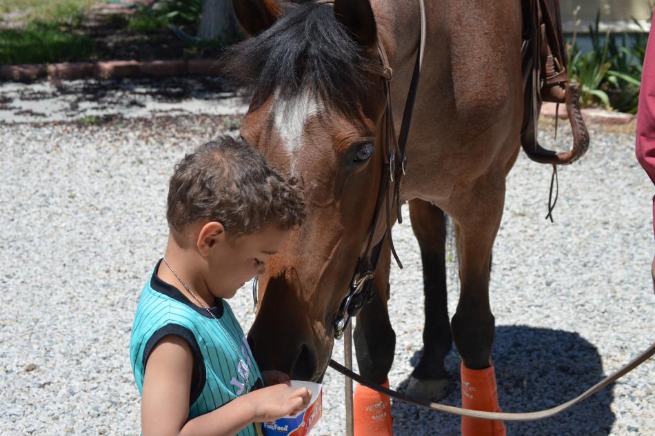 Photo by Lisa Fisher. Rosie cozies up to a young admirer as she waits for her turn to carry the Mochila.