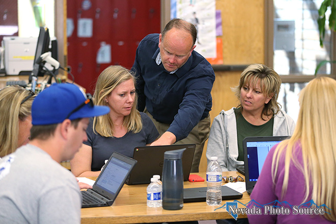 Trainer Robert Maw teaches Carson and Eagle Valley middle teachers about new Chromebooks. Cathleen Allison, Nevada Photo Source
