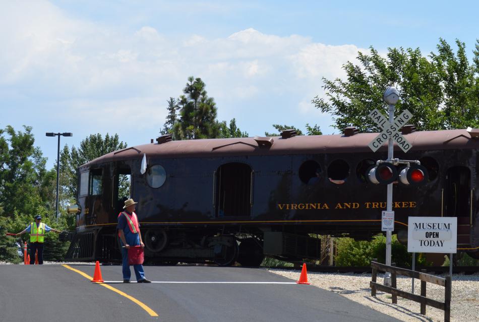The McKean Motor Car crosses the main street of the Nevada State Railroad Museum.