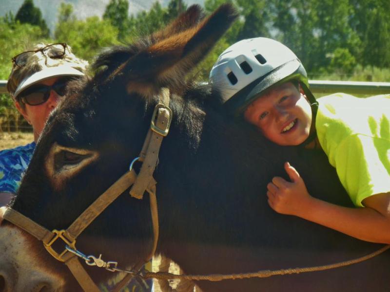 Taren from the Boys and Girls Club of Western Nevada hugs Frankie, a donkey.