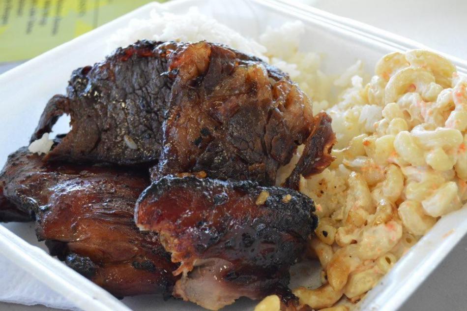 Photo by Brett Fisher. Combo plate of barbecued chicken and Korean style short ribs from L&L Hawaiian Barbecue.
