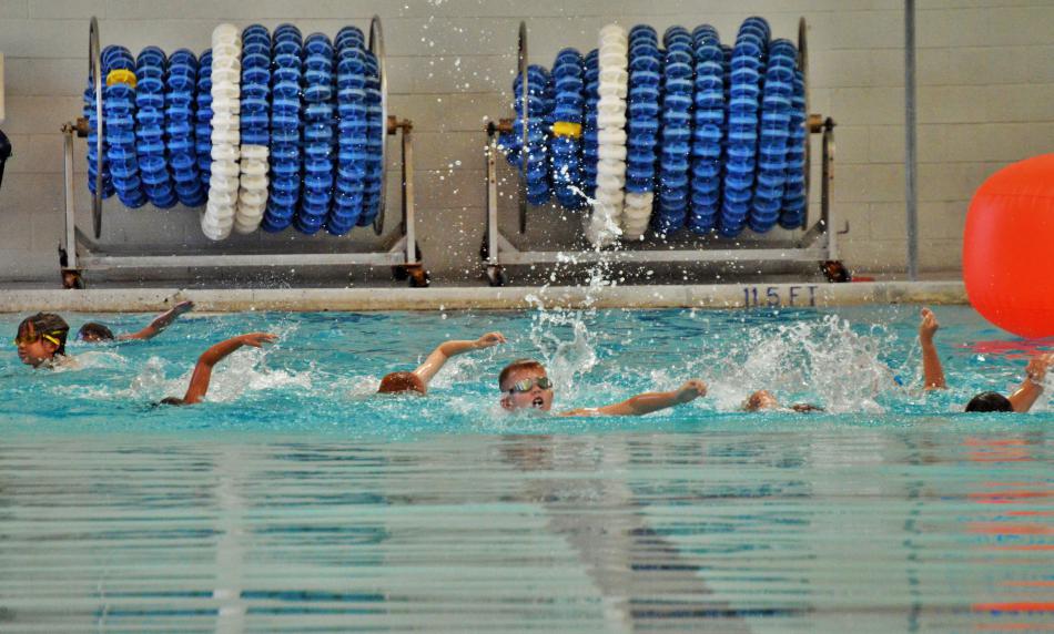 Photo by Brett Fisher. A group of 7-8 year olds swim toward the other end of the pool.