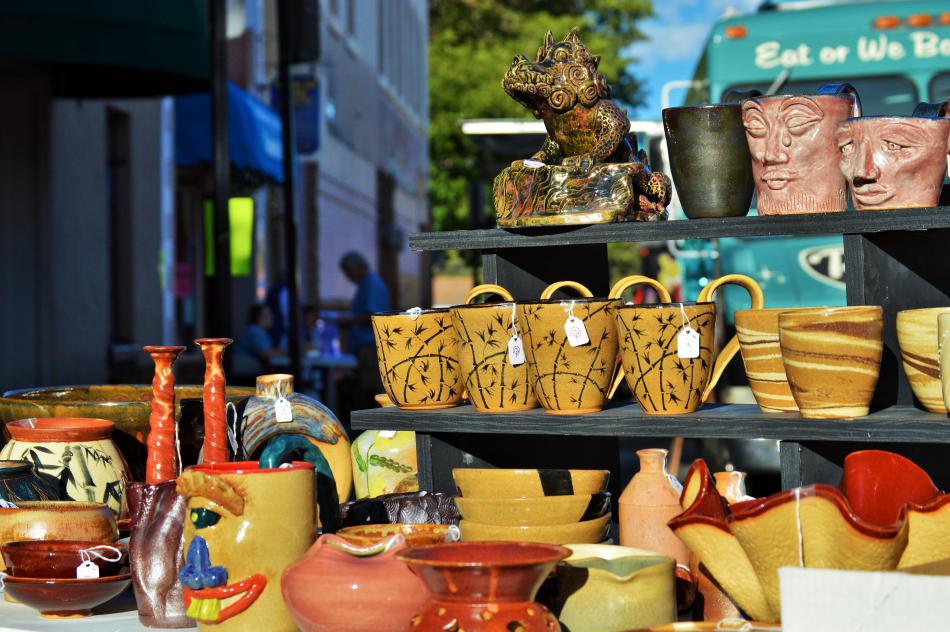 Photo by Brett Fisher. Pottery displayed at Telegraph Square outside of the Charlie B. Gallery.