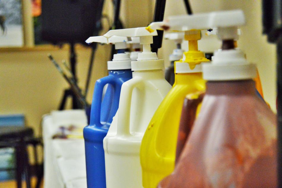 Acrylic paint jugs at Van Gogh and Vino.