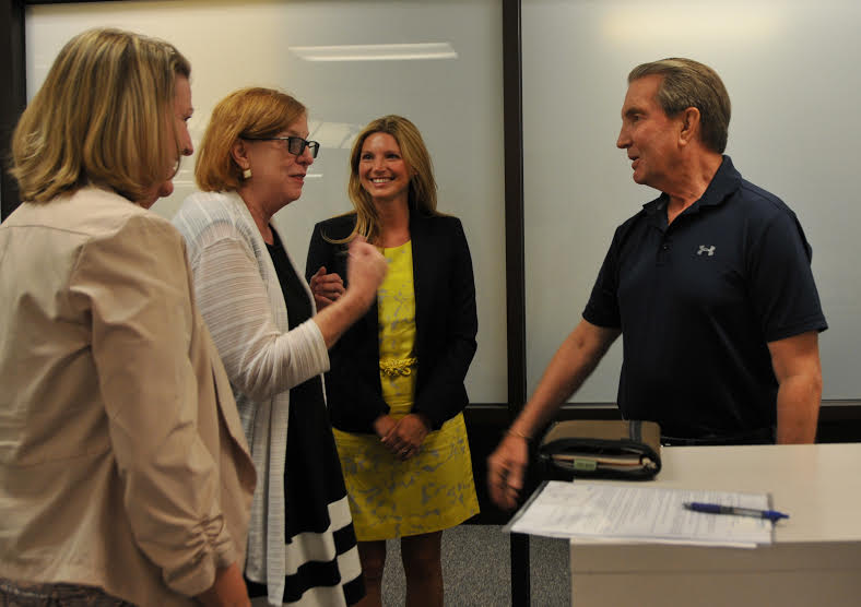 Carson City Mayor Bob Crowell, right, meets with Emily Howarth, Georgia White of WNC and Lauren von Steuben a rep for Siemens.