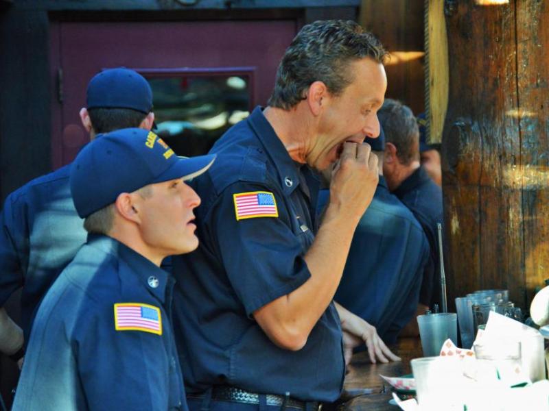 Carson City firefighters enjoy eats at Red's Friday night.