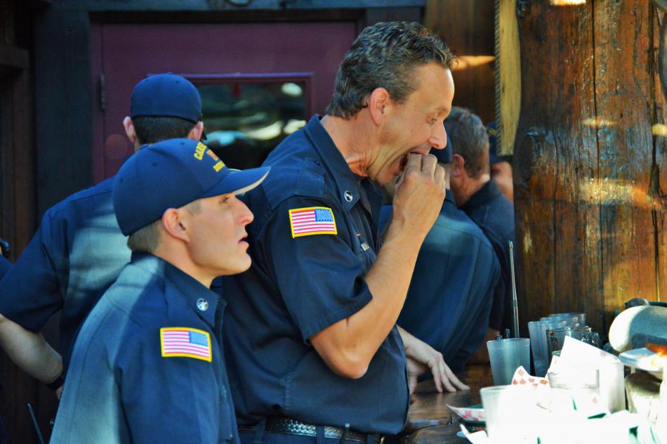 Carson City firefighters enjoy eats at Red's Friday night.