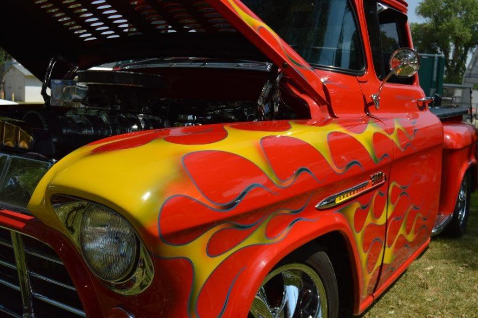 Custom flames paint job on a classic custom pickup hot rod.