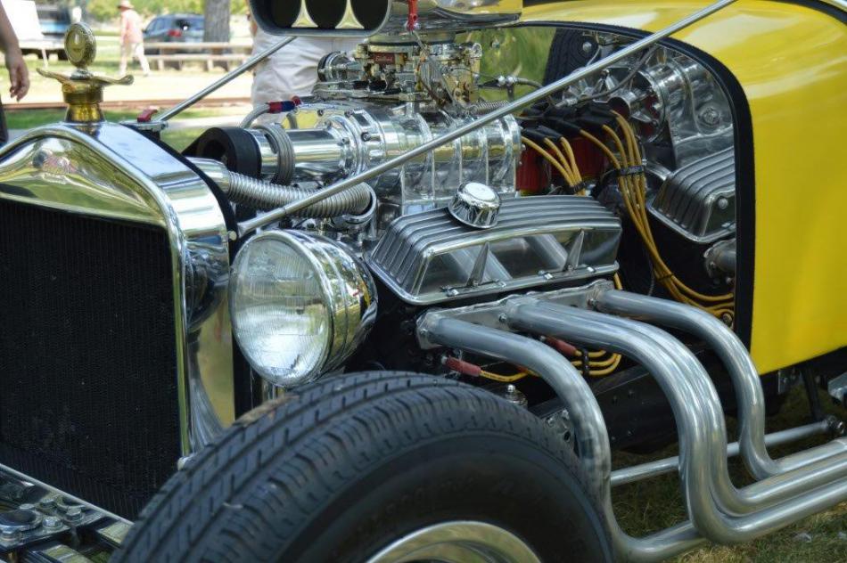 The engine block of a custom built Model A Ford street rod.