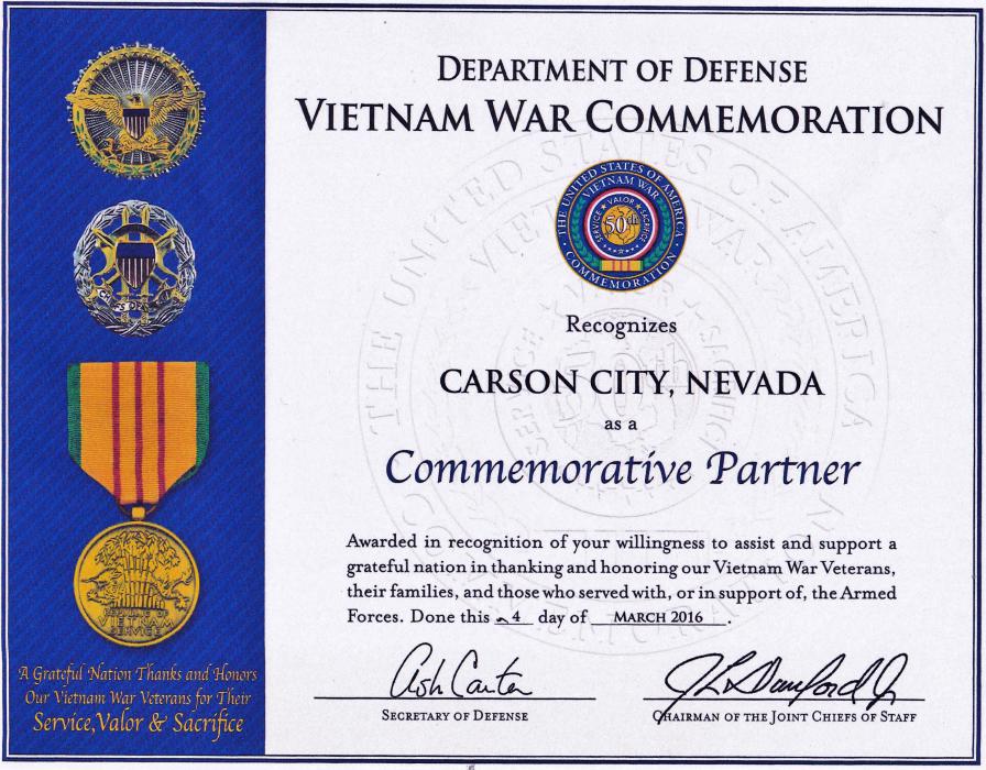 Commemorative certificate from the U.S. Dept. of Defense.