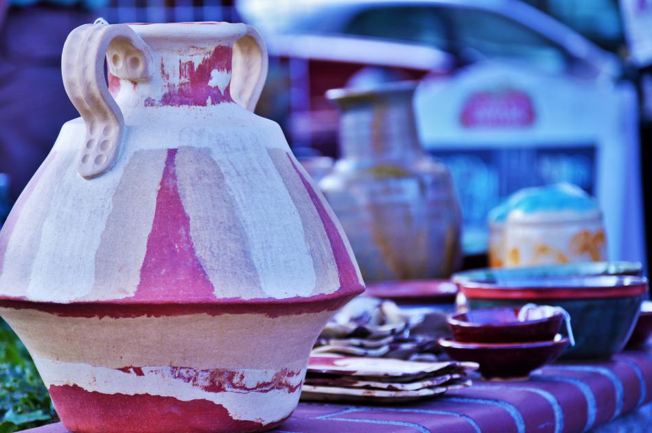 A pottery pitcher displayed at Telegraph Square.