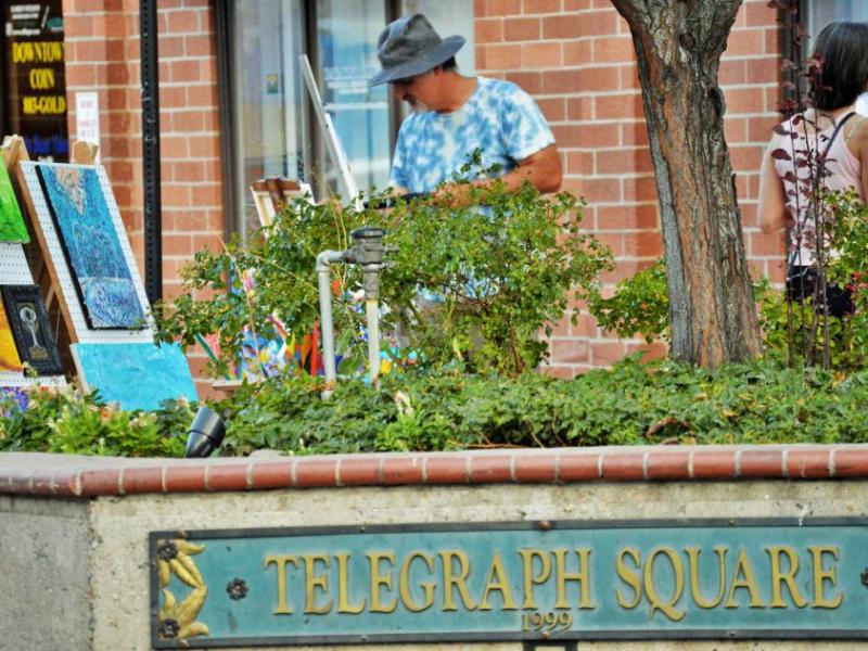 Photos by Brett Fisher. A painter displays his works and provides an art demo at Telegraph Square.