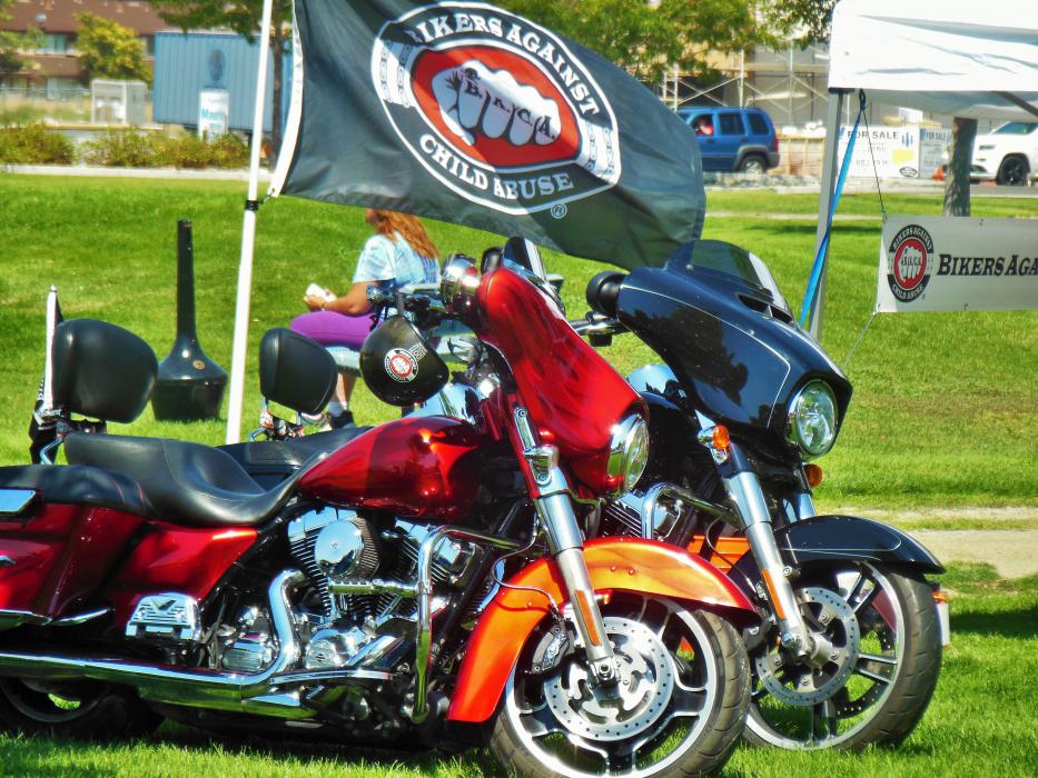 Motorcycles of Bikers Against Child Abuse parked in Mills Park.