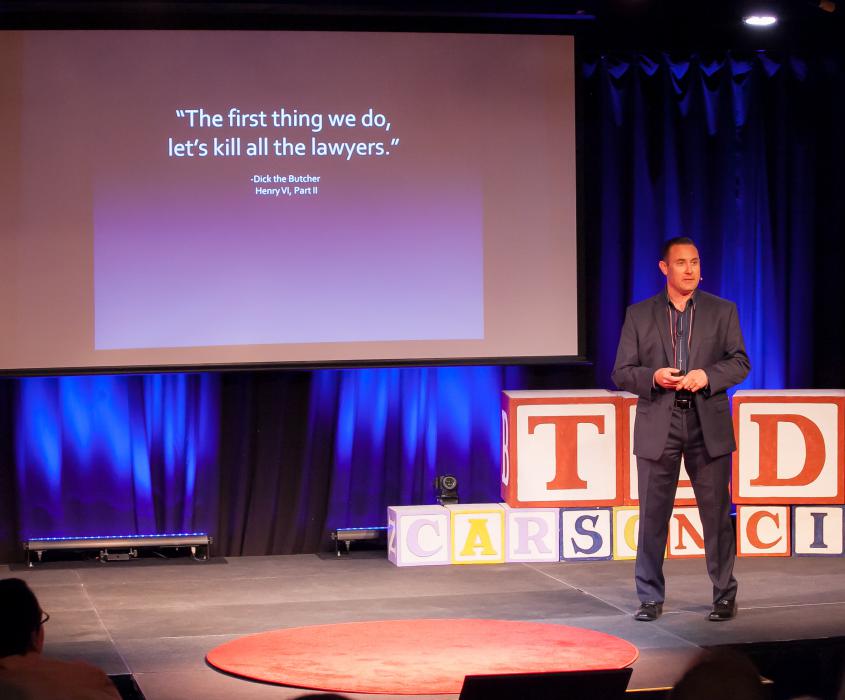 Carson City Attorney John Rutledge address the crowd at TEDxCarson City on April 8, 2016.