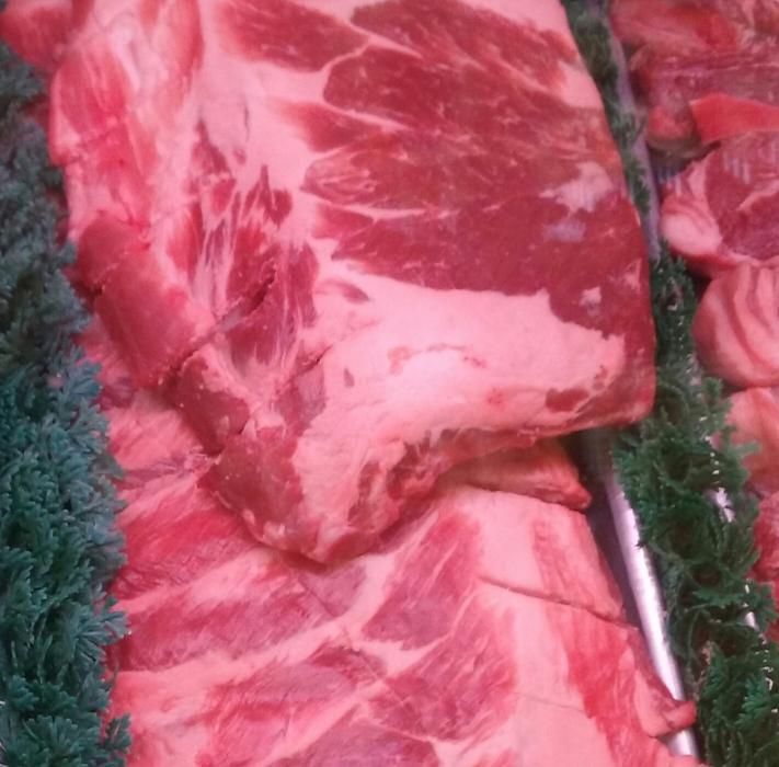 Up close marbling of St. Louis style spare ribs at Butler Meats.