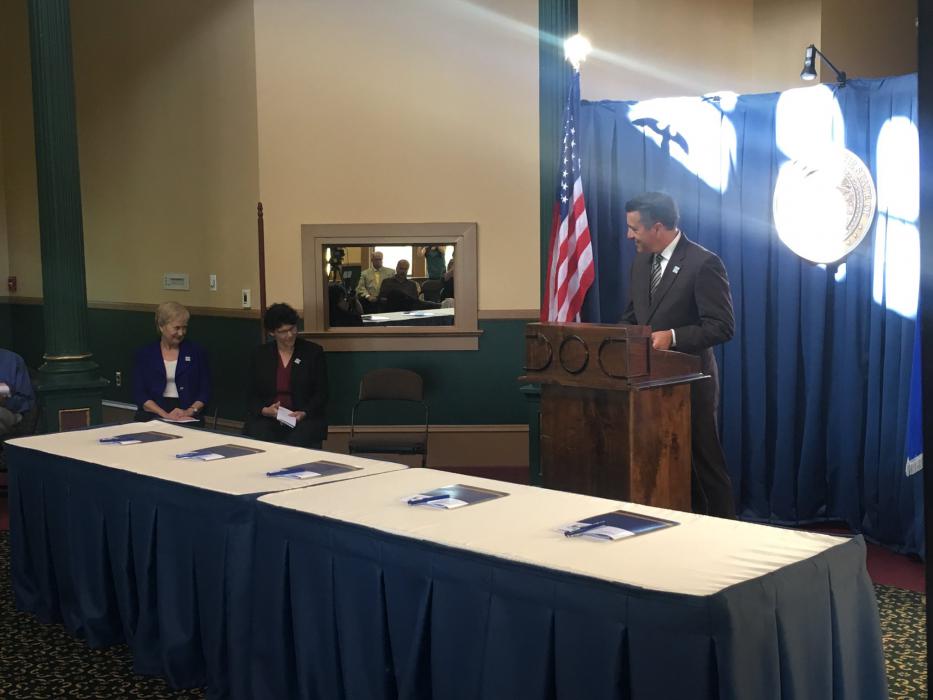 Gov. Brian Sandoval at Tuesday's signing of the sagebrush program that supports mining and conservation.