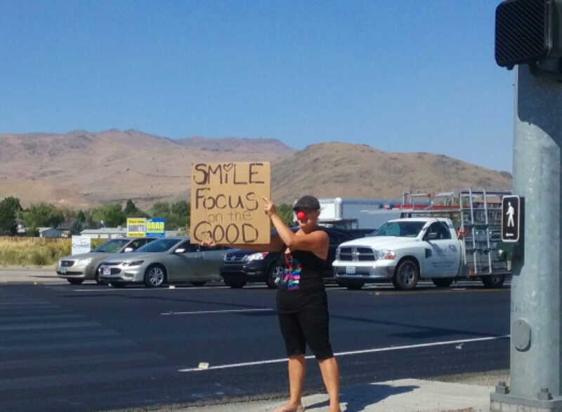 Photo by Brett Fisher. E.D. Crouser of Carson City breaks the tension Wednesday afternoon at Highway 50 east and Fairview.