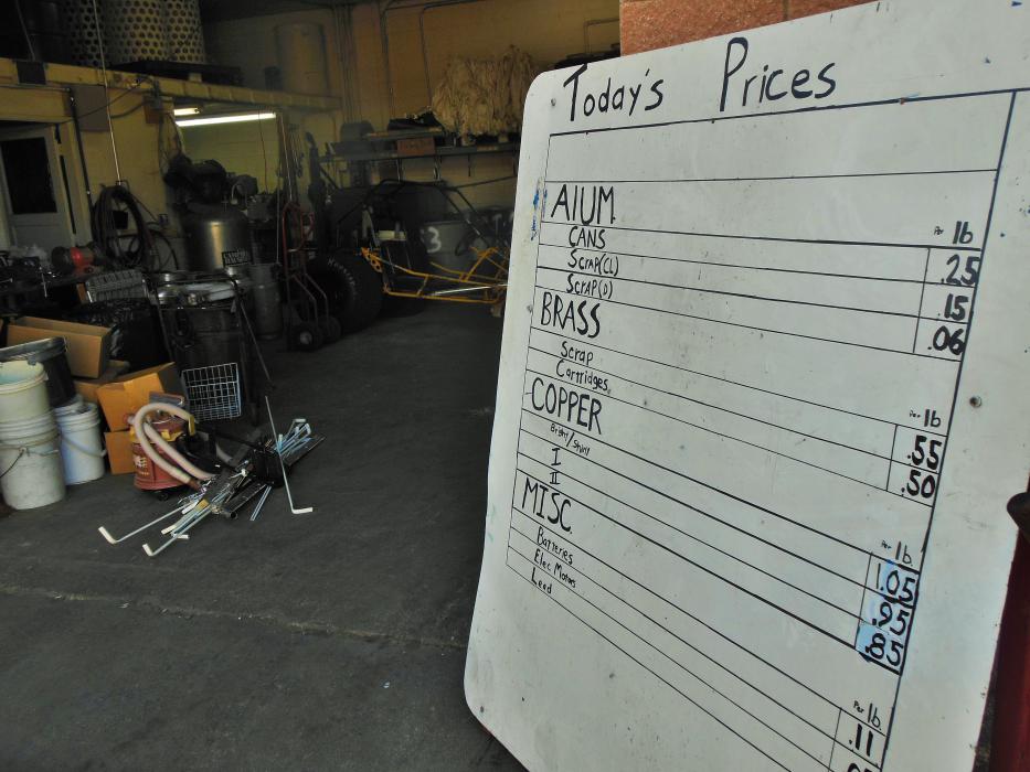 Market prices of metals displayed out front of Greener World.