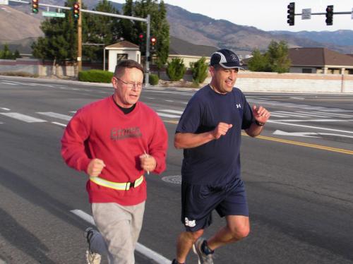 Brig. Gen Michael Hanifan and Nevada Gov. Brian Sandoval run to remember the victims in the 2011 Carson City IHOP shooting.