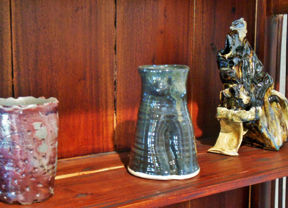 Pottery art by Robin McGregor on display in the art gallery.