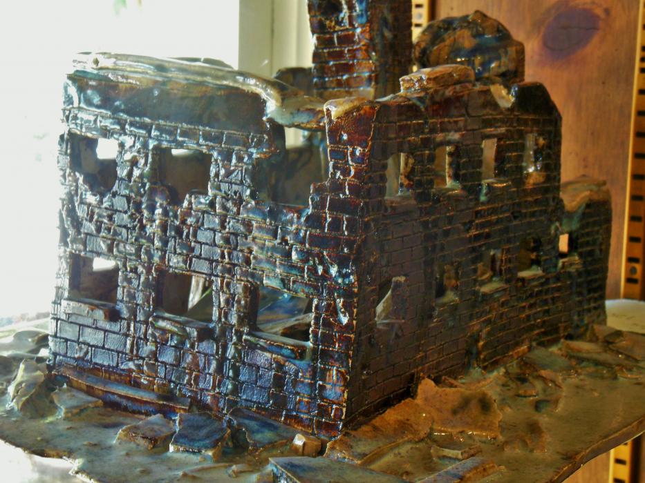 Building ruins sculpture by Rich McGregor, made from recycled clay.