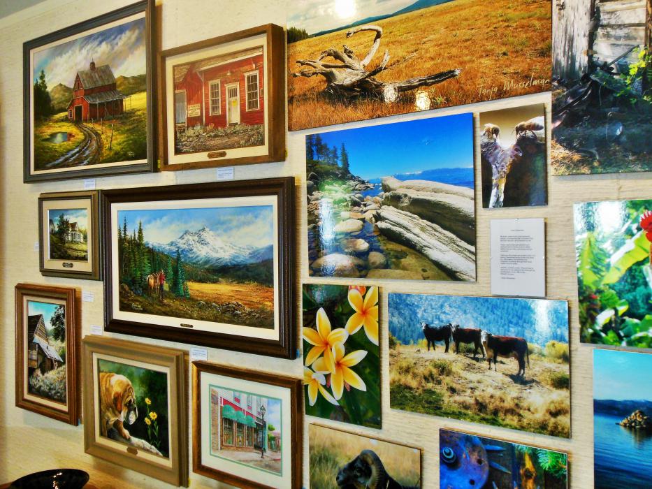 Canvas paintings and photography art inside the main gallery.