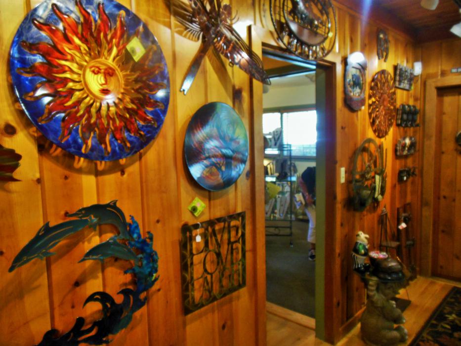 Metal wall art inside main showroom.