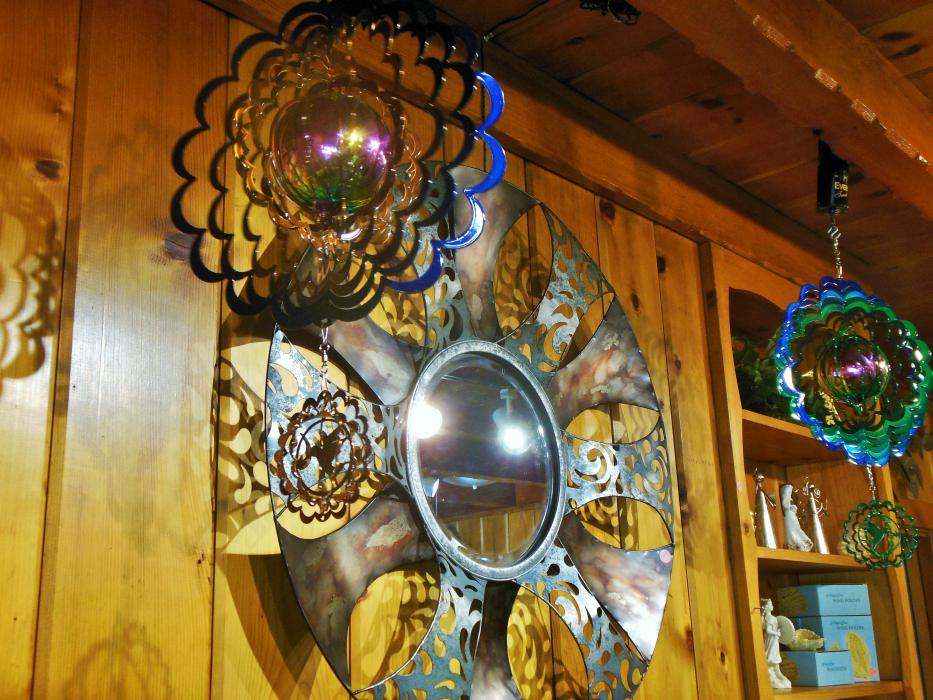 Hanging metal mobiles.