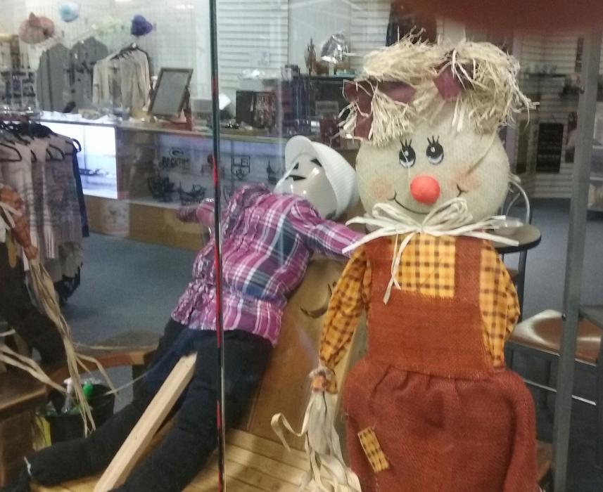 Scarecrows inside Bridger Mountain Boutique.