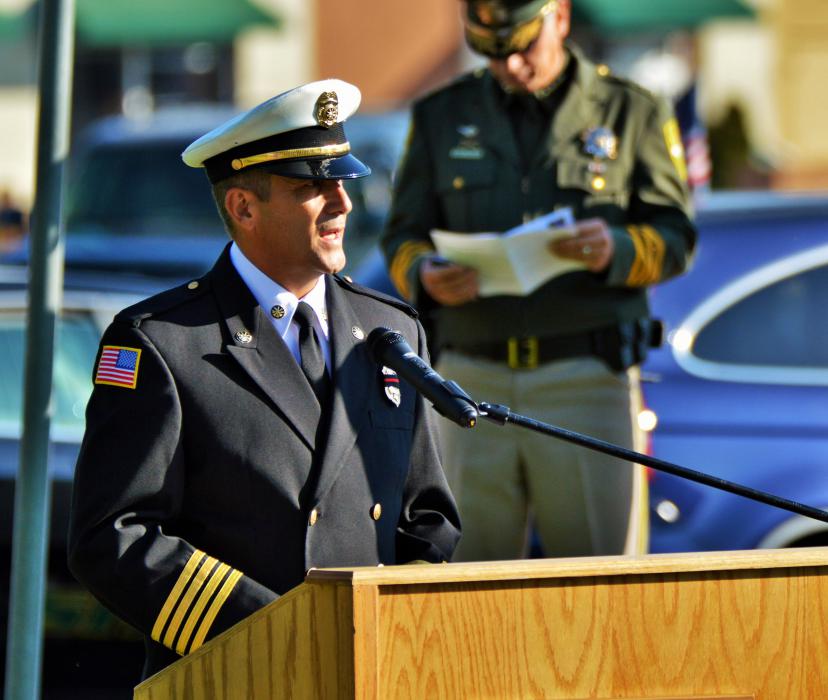 Carson City Deputy Fire Chief Robert Charles delivers his remarks during the 9/11 ceremony.