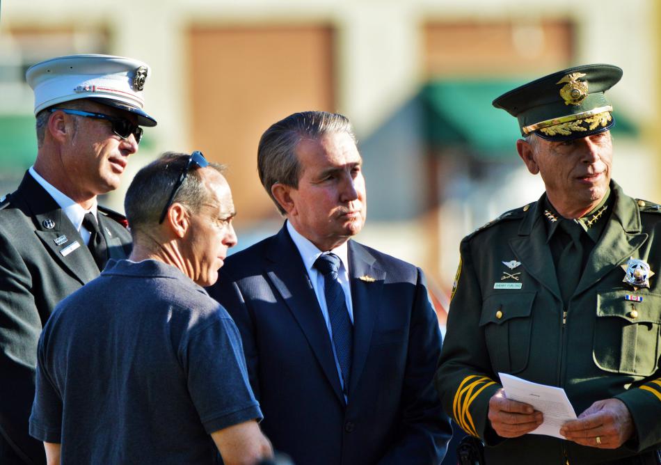 Left to right: Fire Chief Robert Schreihans, City Manager Nick Marano, Mayor Bob Crowell, and Sheriff Ken Furlong.