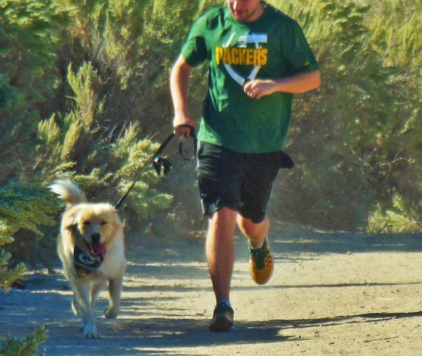 A golden retriever and its human complete the 5K Run at Riverview Park.