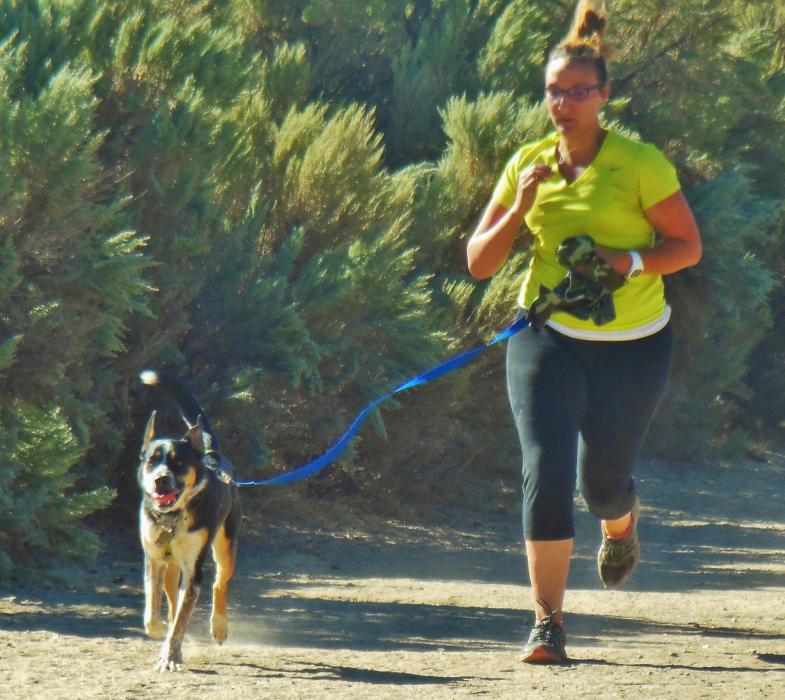 Dog and runner pour it on to the finish Sunday at Riverview Park.