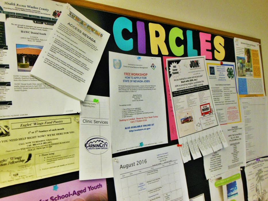 Resource bulletin board inside the office of the Capital City CIRCLES Initiative.