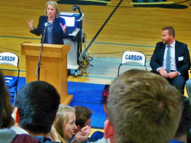 Photos by Brett Fisher. Nevada Secretary of State Barbara Cegavske addresses CHS seniors Thursday.