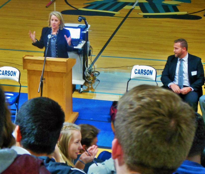 Photos by Brett Fisher. Nevada Secretary of State Barbara Cegavske addresses CHS seniors Thursday.